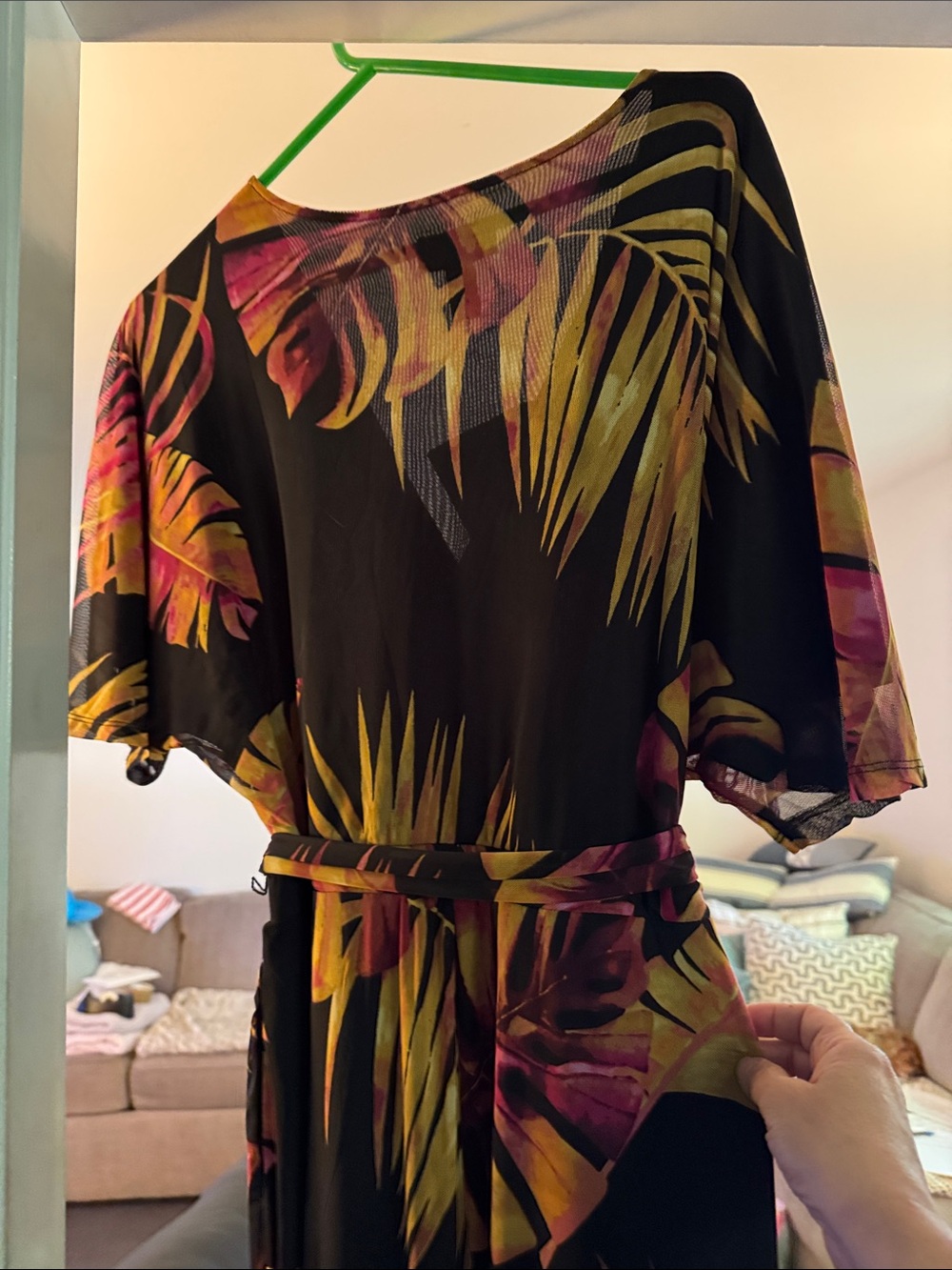 Attitudes by Renee Tropical jumpsuit- Black with Yellow & Magenta Leaf Print - Picture 5 of 6
